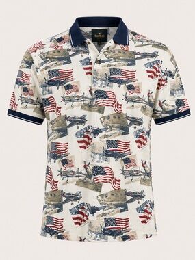 Red Head USA Patriotic Polo Shirt Airplane Flag Print White Blue Casual Vintage